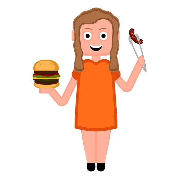 Счастливая девушка с бургером и сосиской — стоковый вектор
