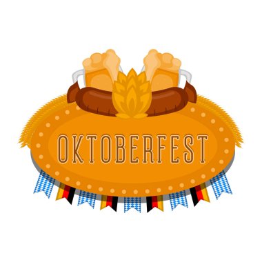 Oktoberfest etiket bir sosisli ve bira ile. Vektör çizim tasarım