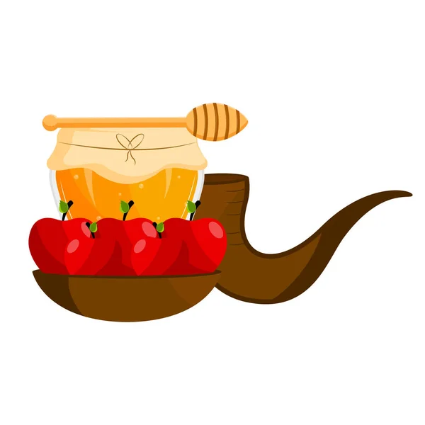 Honing pot met appels en een sjofar. Rosj Hasjana — Stockvector