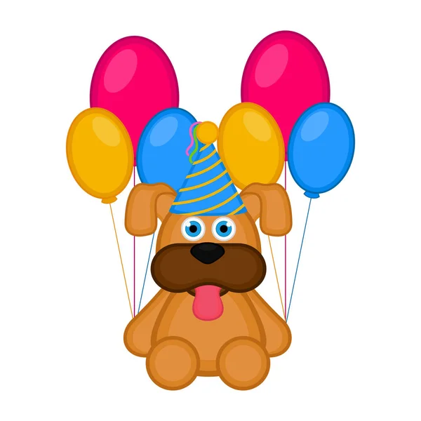 Netter Hund mit Partyhut und Luftballons — Stockvektor