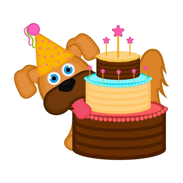 Parti şapkası ve bir pasta ile şirin köpek — Stok Vektör
