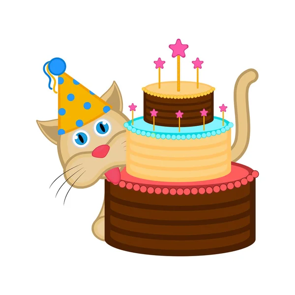 可爱的猫与党帽子和蛋糕 — 图库矢量图片