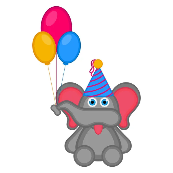 パーティー ハットと風船とキュートな象 — ストックベクタ