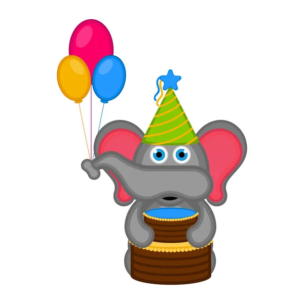 Elefante carino con un cappello da festa e una torta — Vettoriale Stock