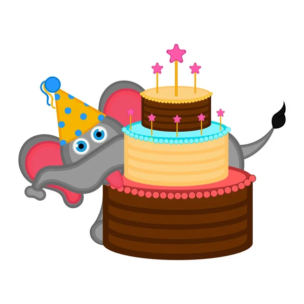 Niedlicher Elefant mit Partyhut und Kuchen — Stockvektor