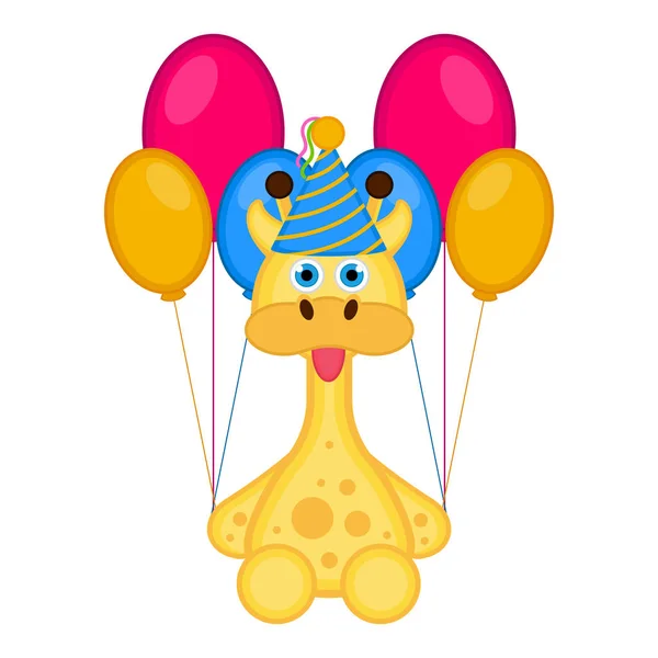 Carino giraffa con un cappello da festa e palloncini — Vettoriale Stock