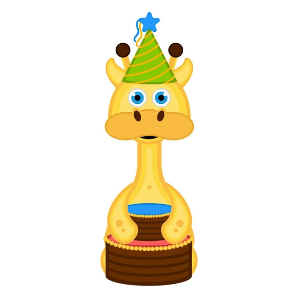 Niedliche Giraffe mit Partyhut und Kuchen — Stockvektor
