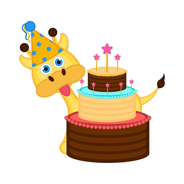 Cute giraffe with a party hat and a cake — Stock Vector