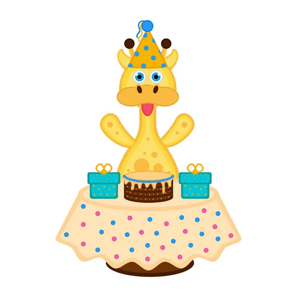 パーティー ハット、ケーキとプレゼントとかわいいキリン — ストックベクタ