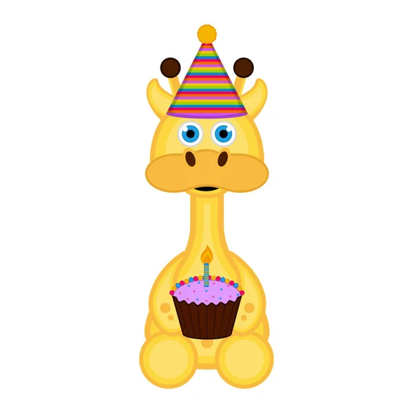 Niedliche Giraffe mit Partyhut und Kuchen — Stockvektor