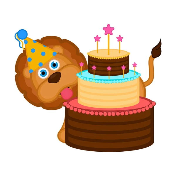 可爱的狮子与党帽子和蛋糕 — 图库矢量图片