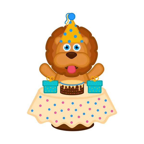 パーティー ハット ケーキやプレゼントにかわいいライオン お誕生日おめでとう ベクトル イラスト デザイン — ストックベクタ