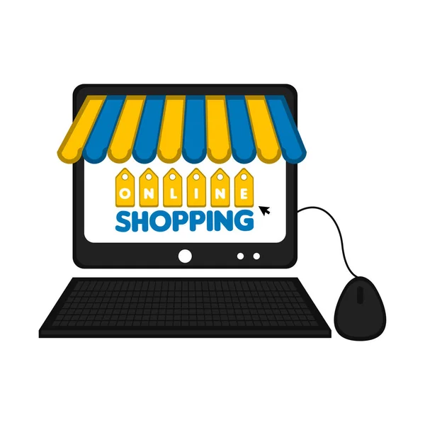 Computer con una facciata del negozio. Shopping online — Vettoriale Stock
