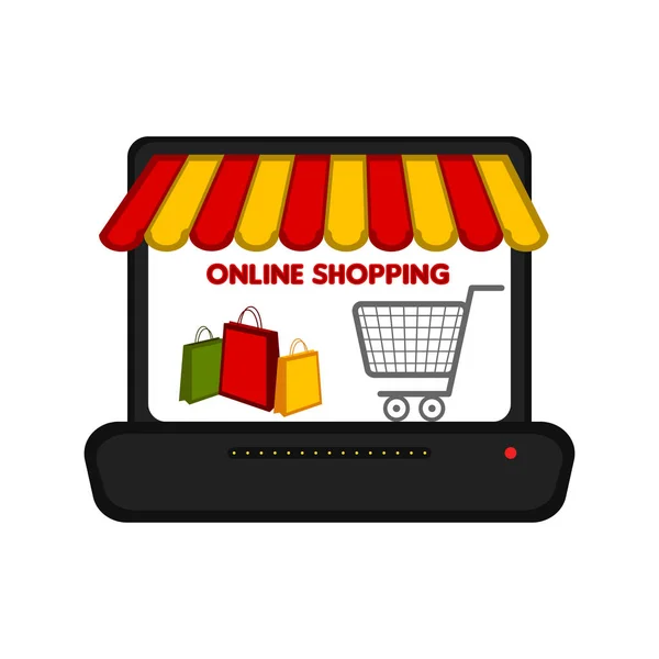 Ordinateur portable avec une façade de magasin. Achats en ligne — Image vectorielle