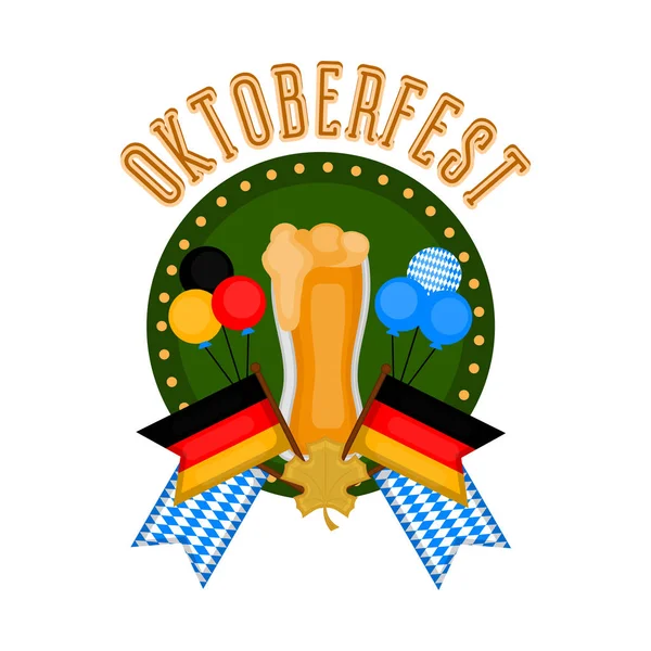 Etiqueta Oktoberfest com um copo de cerveja e bandeiras —  Vetores de Stock