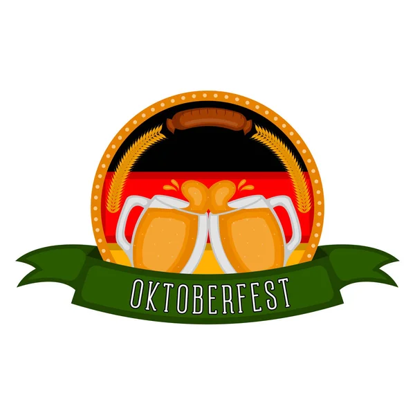 Etiqueta Oktoberfest con un par de tazas de cerveza — Vector de stock