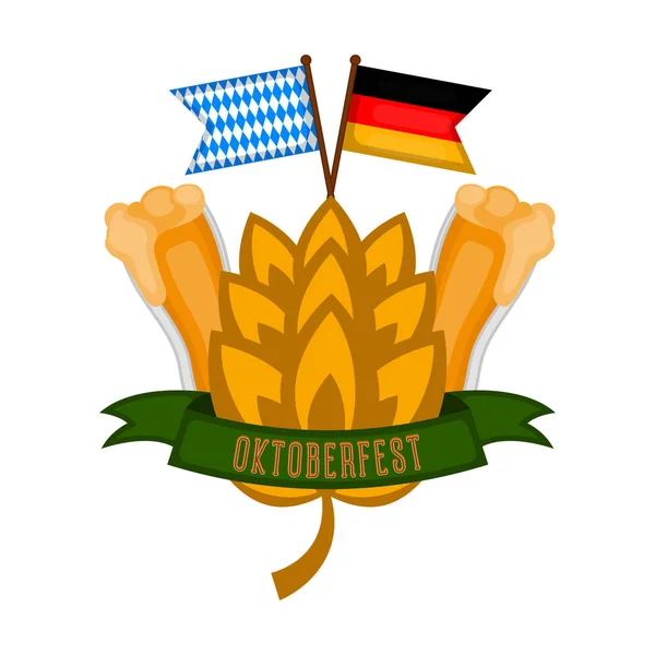 Etiqueta Oktoberfest con un par de cervezas — Vector de stock