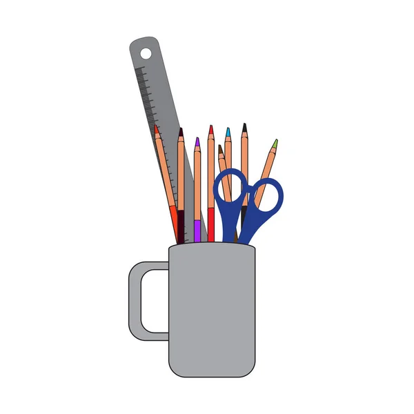 Vereinzelter Becher mit Bleistiften, Schere und Lineal — Stockvektor