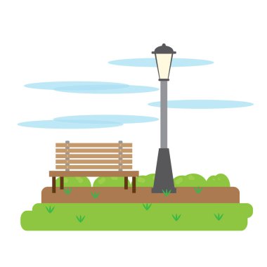 Bir tezgah ve bir lamba ile genel bir park manzarası