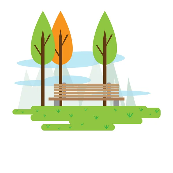Utsikt över en allmän park med träd och en bänk — Stock vektor