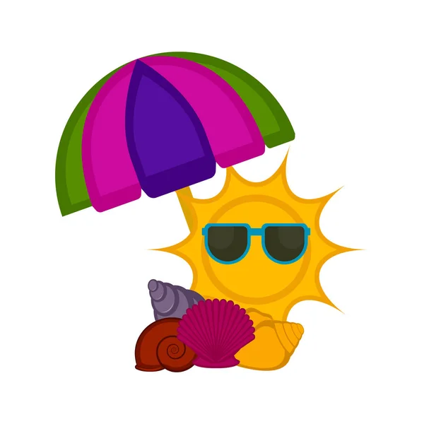 Paraguas con conchas marinas y un sol de verano — Vector de stock