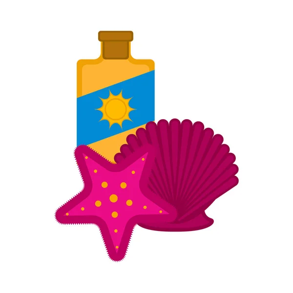 Botella de protección solar con concha y estrella de mar — Vector de stock