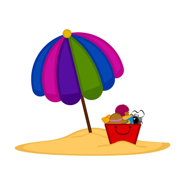 Guarda-chuva e um balde de areia com objetos — Vetor de Stock
