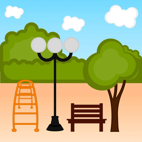 Utsikt över en allmän park med en lampa och en bänk — Stock vektor