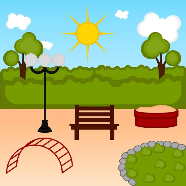 Pohled na hřiště s lavičkami a lampy — Stockový vektor