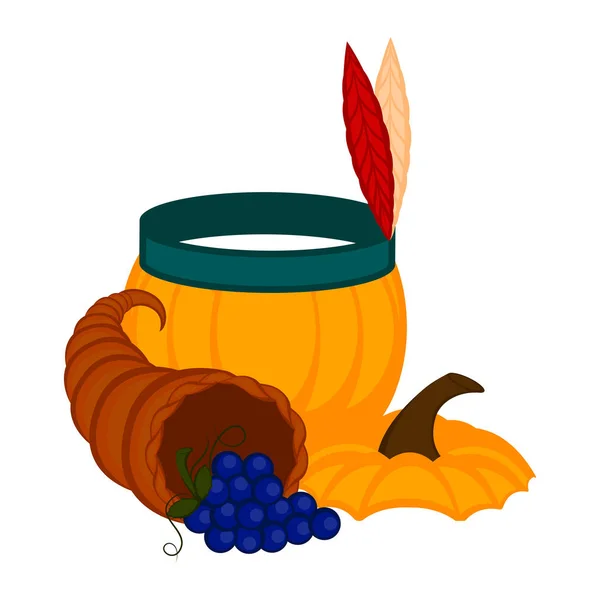 Calabaza con uvas y una cornucopia — Vector de stock