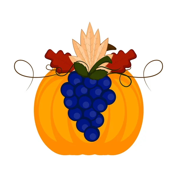 Calabaza con uvas y hojas. Acción de Gracias — Vector de stock