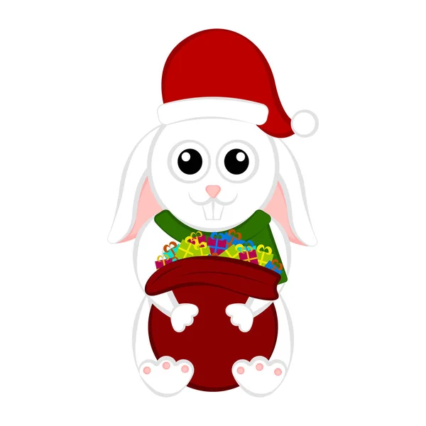 Christmas rabbit holding a present bag — Stock Vector