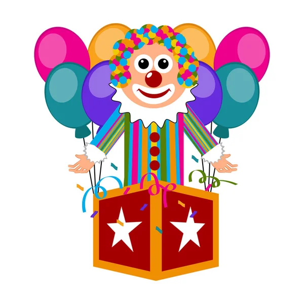 Happy circus clown on a surprise box — Stock Vector