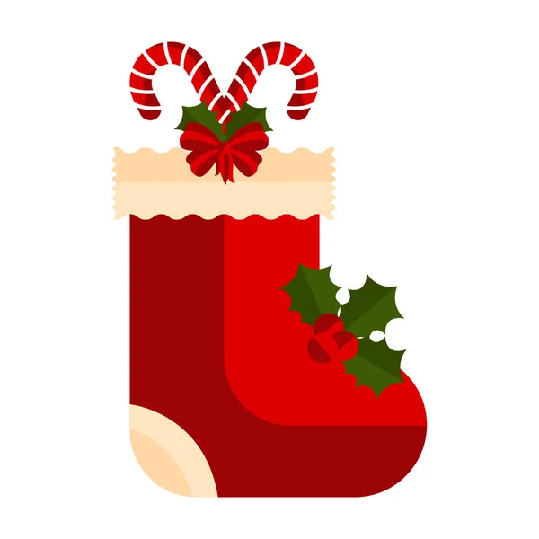 Christmas sock with a cane and holly leaves icon — Stock Vector