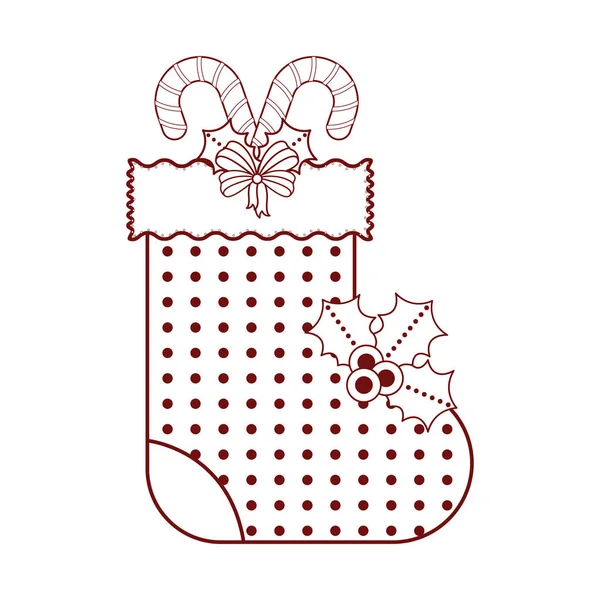 Chaussette de Noël avec une icône de canne et feuilles de houx — Image vectorielle