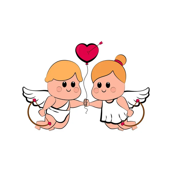 Para Cupid z balonem kształt serca — Wektor stockowy