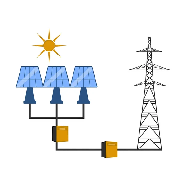 전기 탑에 연결 된 태양 전지 패널 — 스톡 벡터
