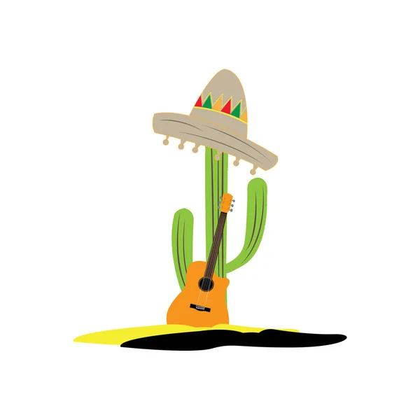 Izolované kaktus s mexický klobouk a kytaru — Stockový vektor