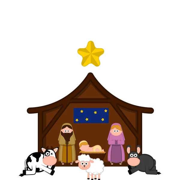 Weihnachtskrippe mit Maria, Josep und Jesuskind — Stockvektor