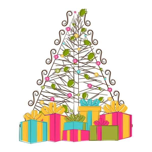 Sketch of a christmas tree with presents — Stock Vector