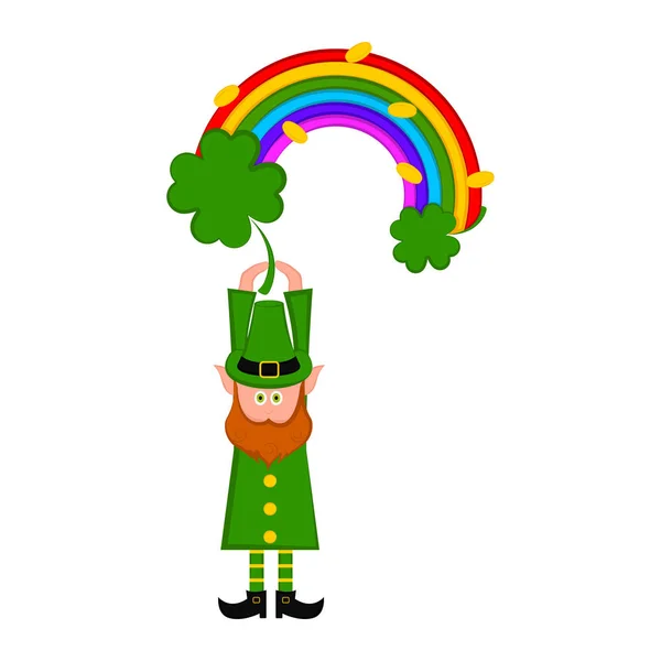 Elfo irlandês com um arco-íris e trevos — Vetor de Stock