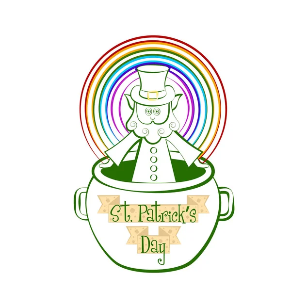 Sketch of a irish elf in a pot with a rainbow — Stock Vector