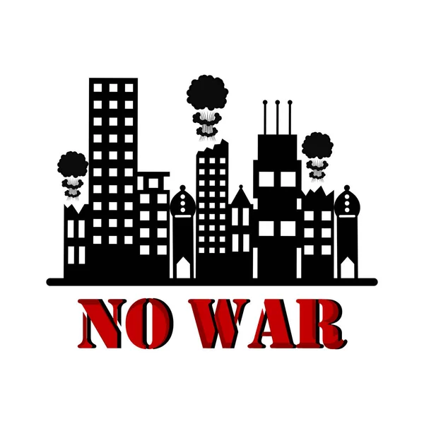 Geen oorlog banner met gebouwen en rook explosie — Stockvector