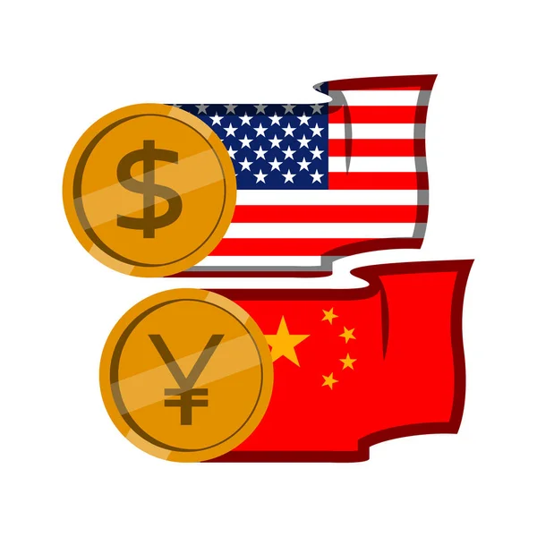Долар і юань монети з прапорами — стоковий вектор