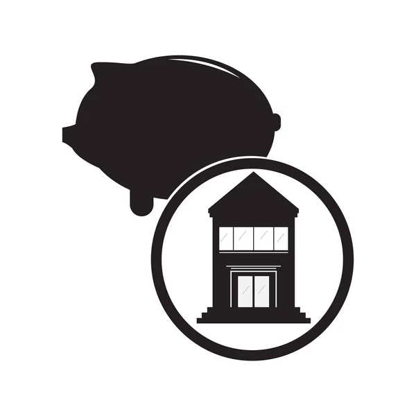 Bank building with a pig bank icon — Stock Vector