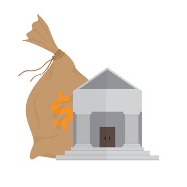 Para çantası simgesi ile Banka Binası