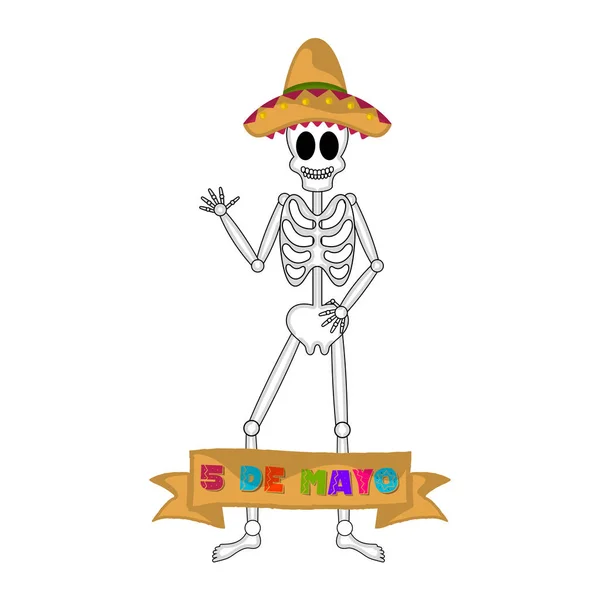 Banner Cinco de Mayo con un esqueleto mexicano — Vector de stock