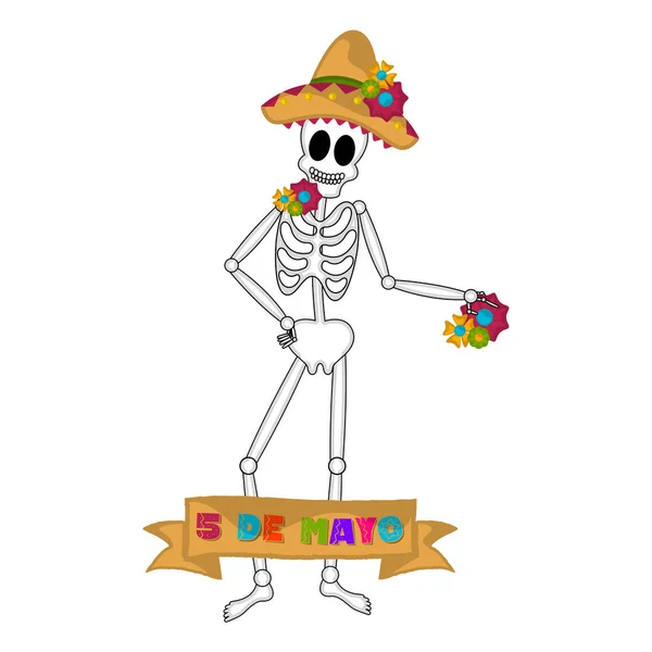 Banner Cinco de Mayo con un esqueleto mexicano — Vector de stock