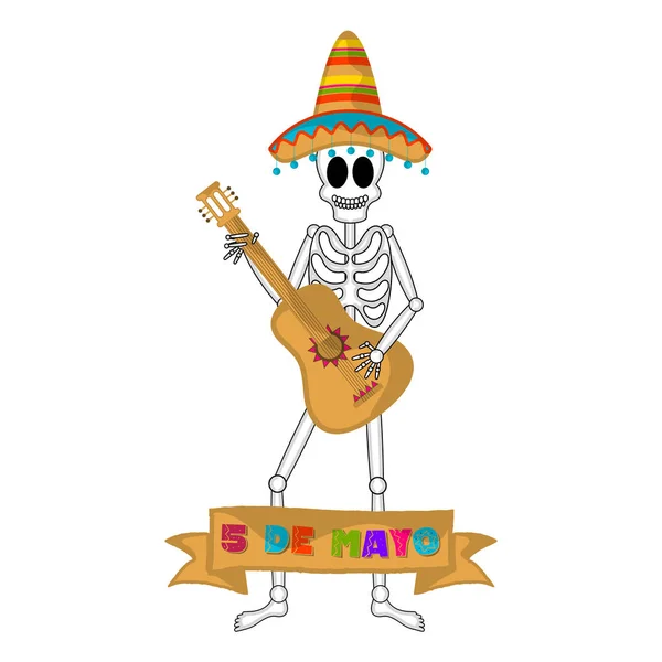 Banner Cinco de Mayo con un esqueleto mexicano — Vector de stock