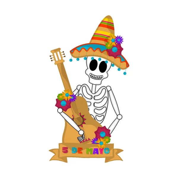 Banner Cinco de Mayo con un esqueleto mexicano — Vector de stock